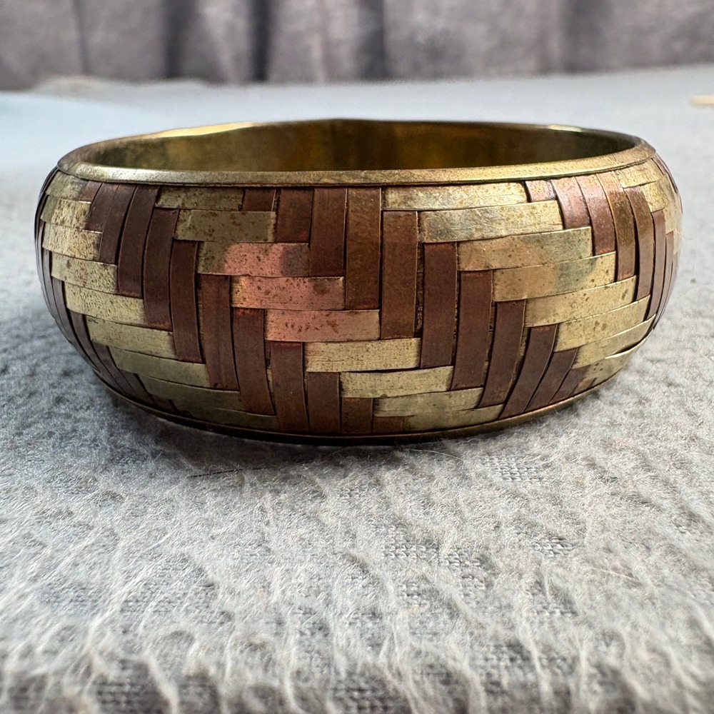 Vintage Mixed Metal Woven Bangle Bracelet Brass Copper Basket Weave Boho Chunky